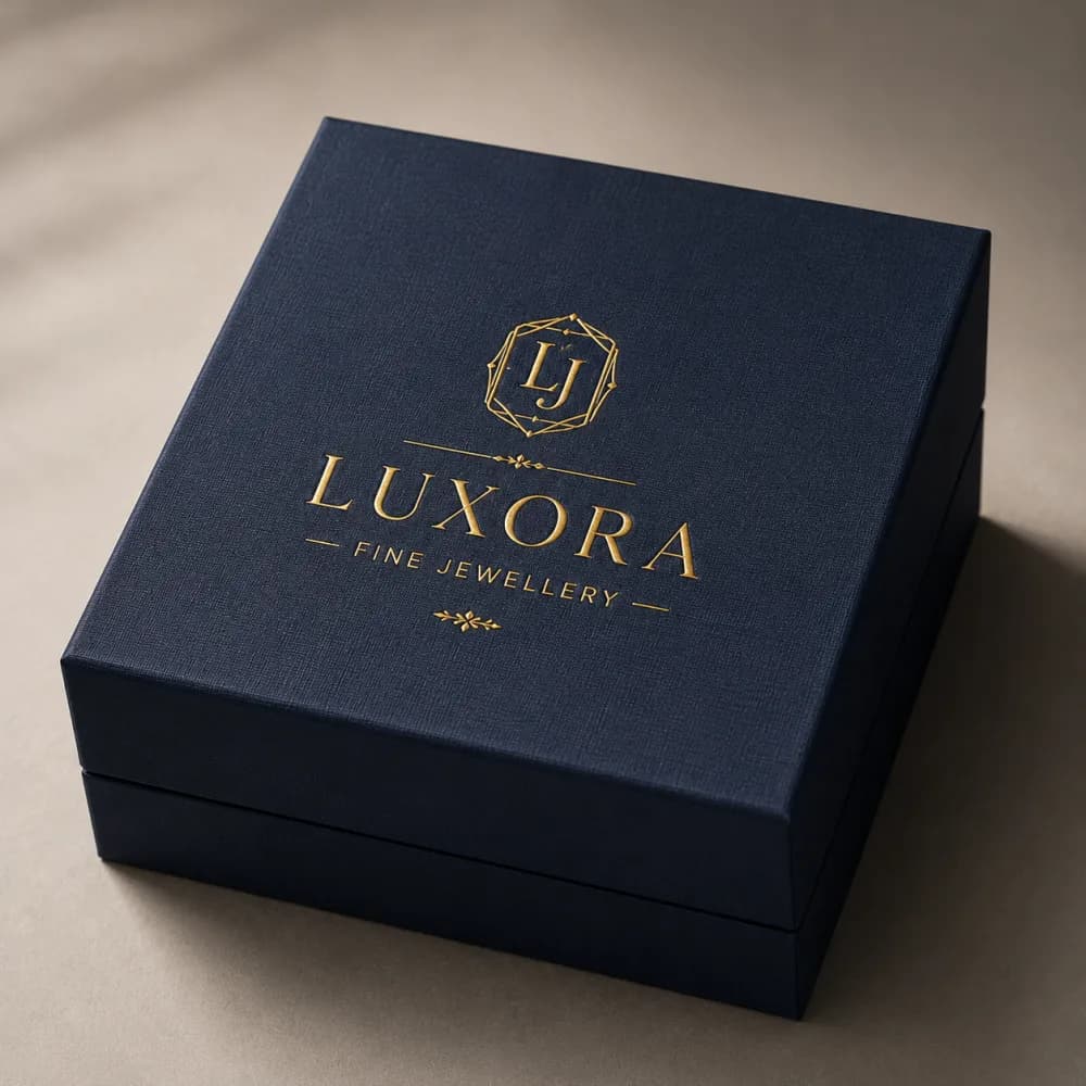 Navy rigid jewellery box with a gold foil stamped monogram logo